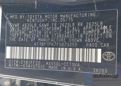 2015 Toyota Camry Se из США, поврежденный, VIN 4T1BF1FK7FU073255